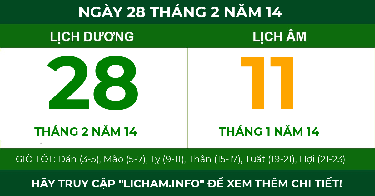 lịch âm ngày 28 tháng 2 năm 14