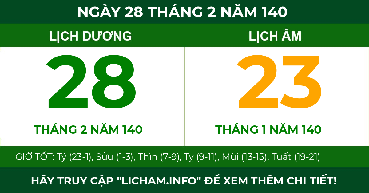 lịch âm ngày 28 tháng 2 năm 140