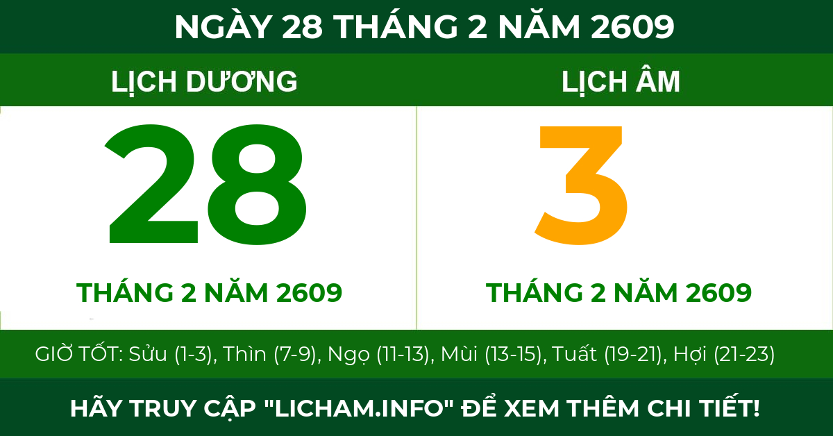 lịch âm ngày 28 tháng 2 năm 2609