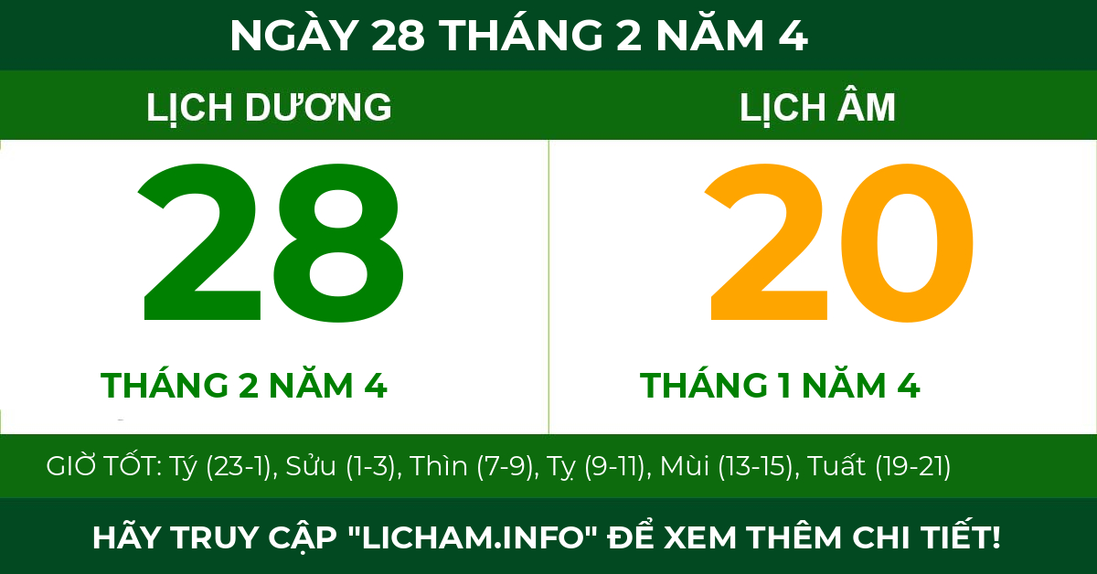 lịch âm ngày 28 tháng 2 năm 4