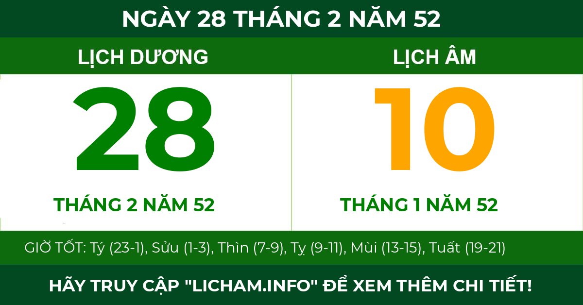 lịch âm ngày 28 tháng 2 năm 52
