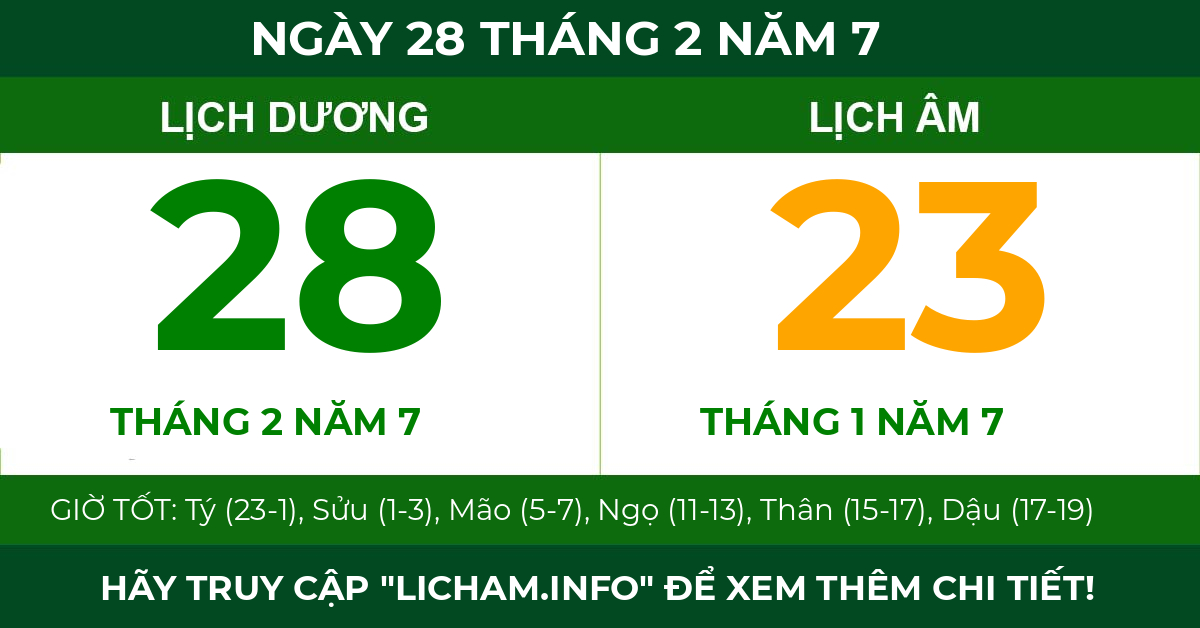 lịch âm ngày 28 tháng 2 năm 7