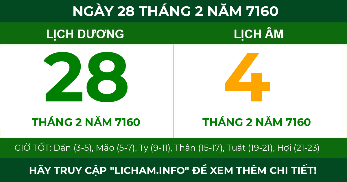 lịch âm ngày 28 tháng 2 năm 7160