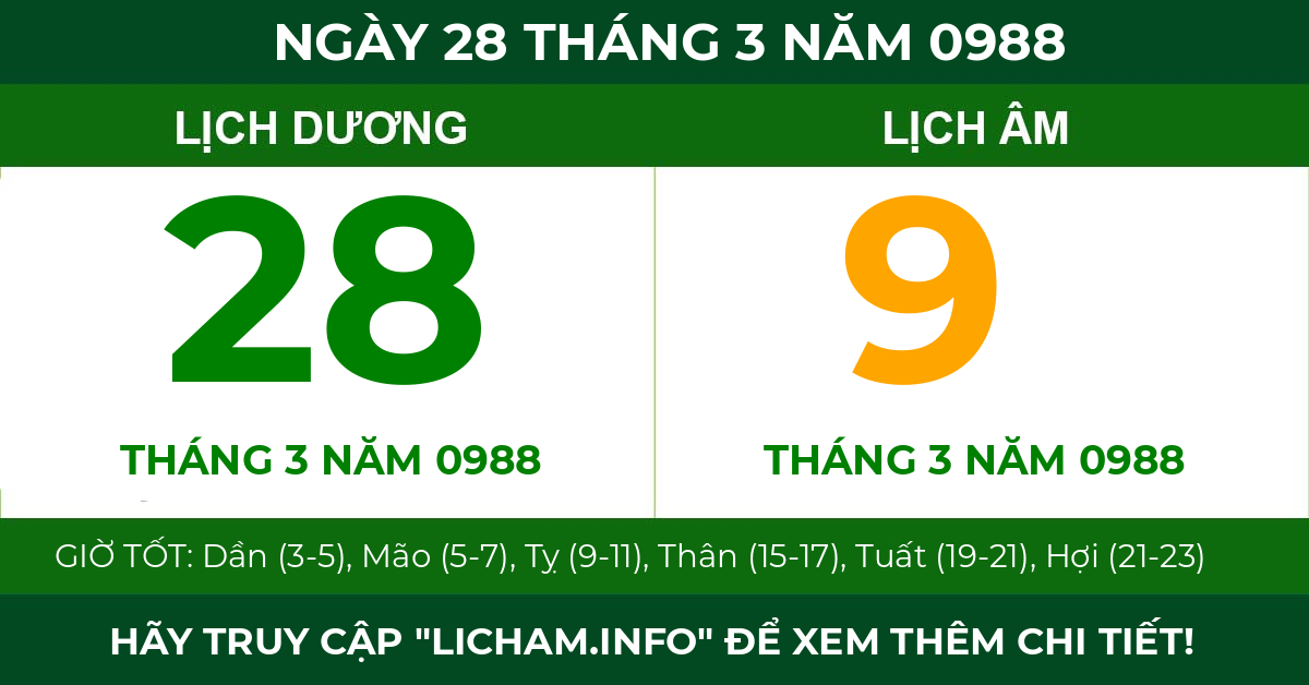 lịch âm ngày 28 tháng 3 năm 0988