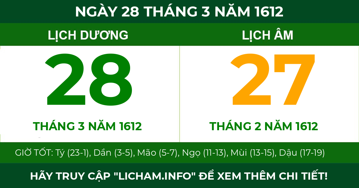 lịch âm ngày 28 tháng 3 năm 1612
