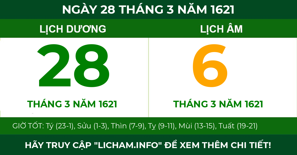 lịch âm ngày 28 tháng 3 năm 1621