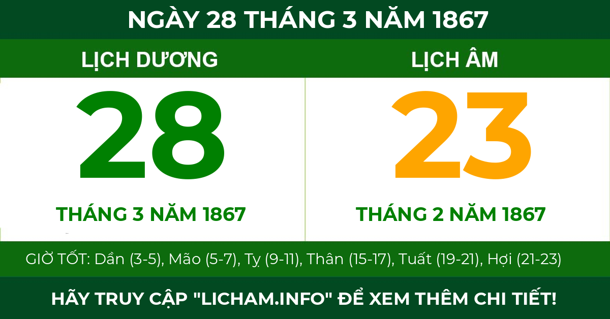 lịch âm ngày 28 tháng 3 năm 1867