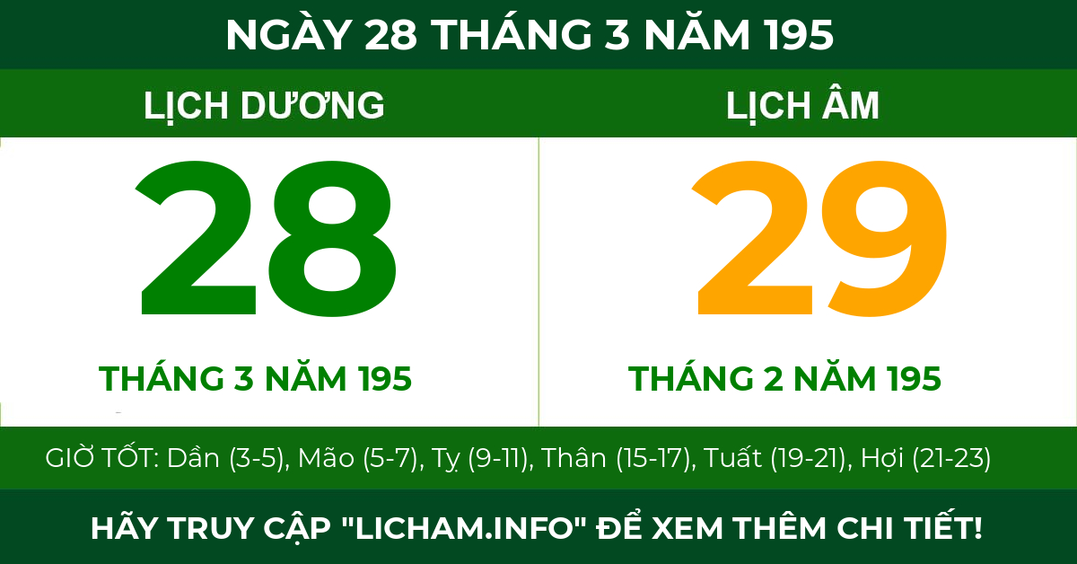 lịch âm ngày 28 tháng 3 năm 195