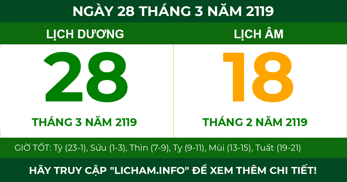 lịch âm ngày 28 tháng 3 năm 2119