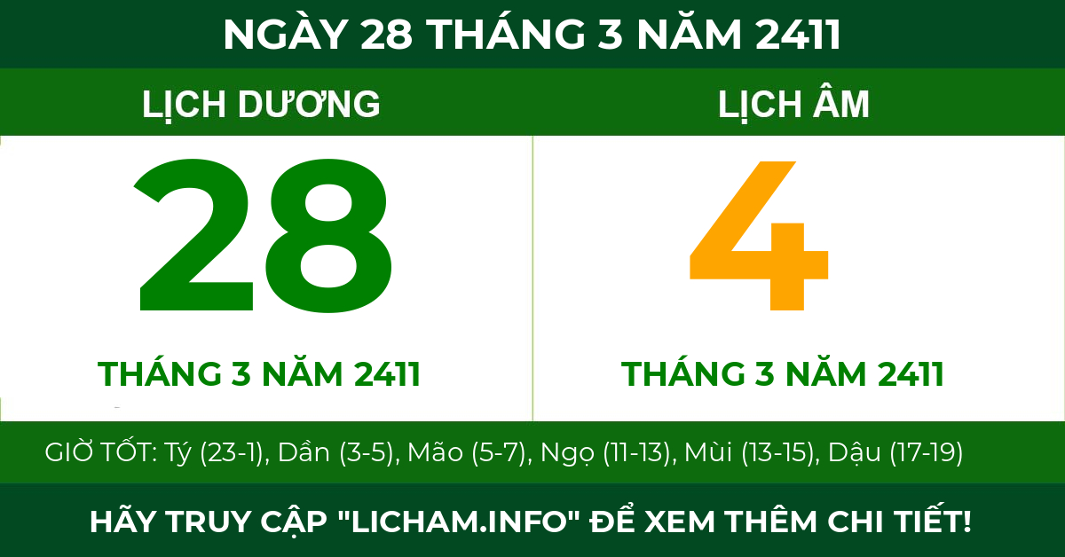 lịch âm ngày 28 tháng 3 năm 2411