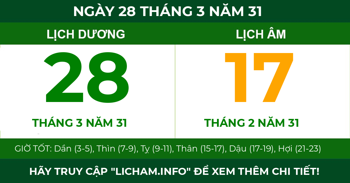 lịch âm ngày 28 tháng 3 năm 31