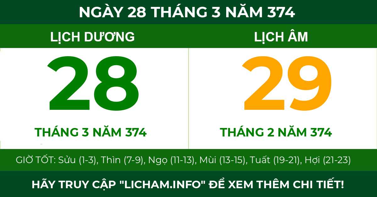 lịch âm ngày 28 tháng 3 năm 374