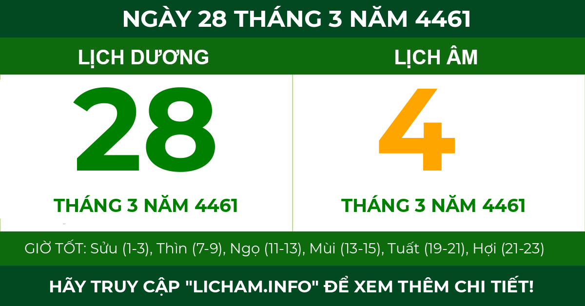 lịch âm ngày 28 tháng 3 năm 4461