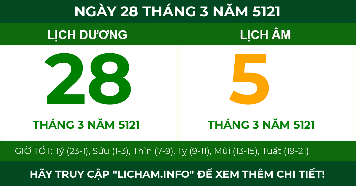 lịch âm ngày 28 tháng 3 năm 5121