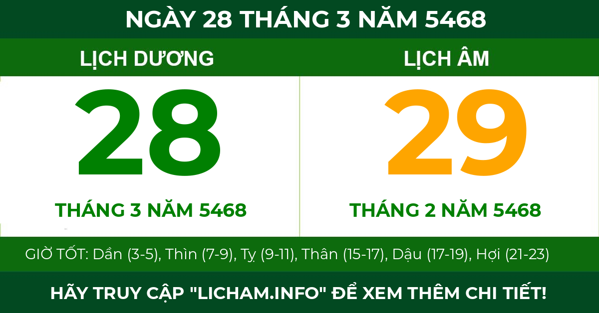 lịch âm ngày 28 tháng 3 năm 5468