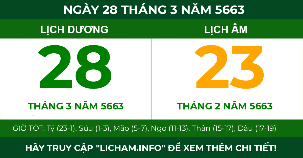 lịch âm ngày 28 tháng 3 năm 5663