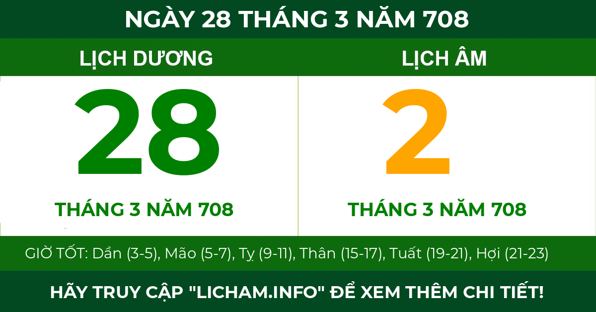 lịch âm ngày 28 tháng 3 năm 708