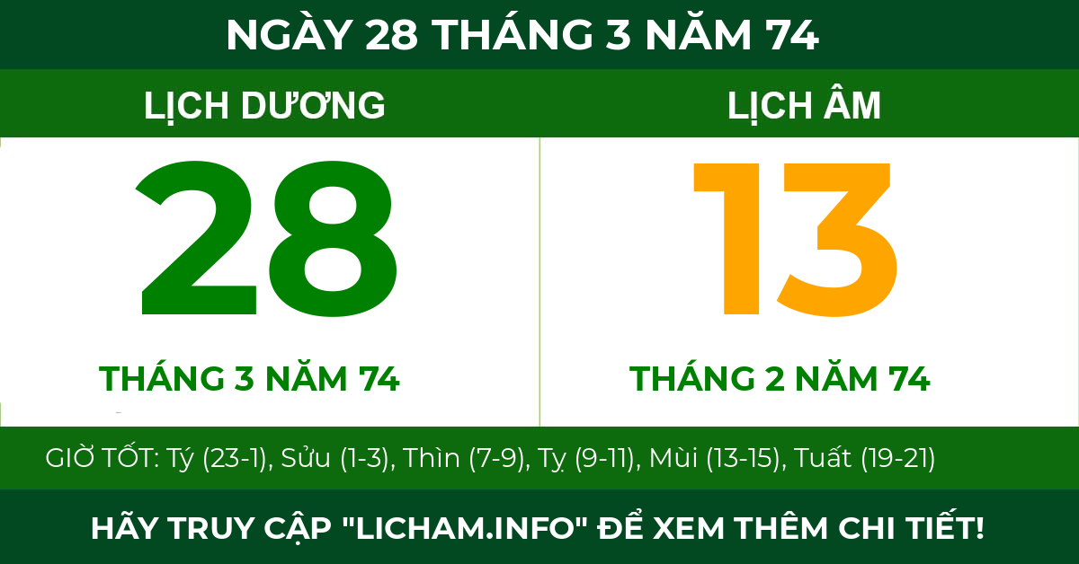 lịch âm ngày 28 tháng 3 năm 74