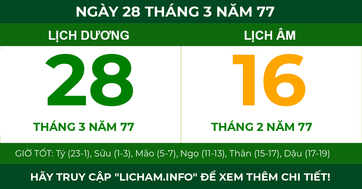 lịch âm ngày 28 tháng 3 năm 77