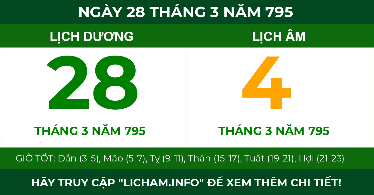 lịch âm ngày 28 tháng 3 năm 795