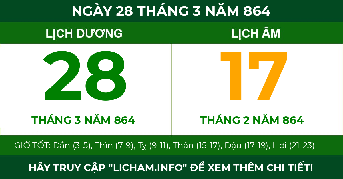 lịch âm ngày 28 tháng 3 năm 864