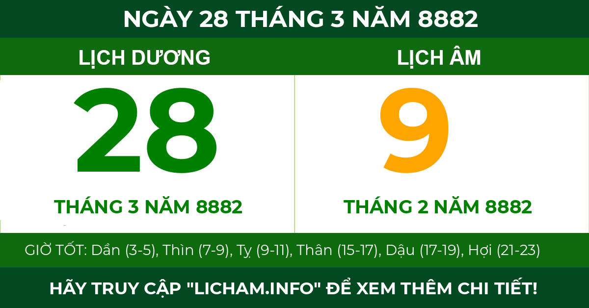 lịch âm ngày 28 tháng 3 năm 8882
