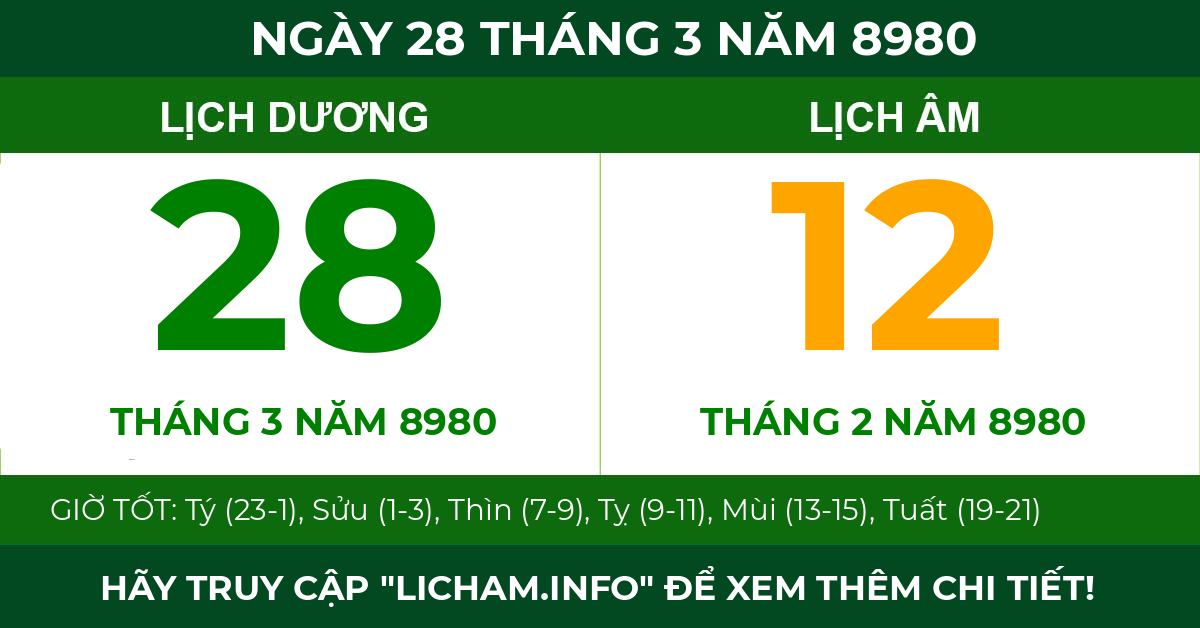 lịch âm ngày 28 tháng 3 năm 8980