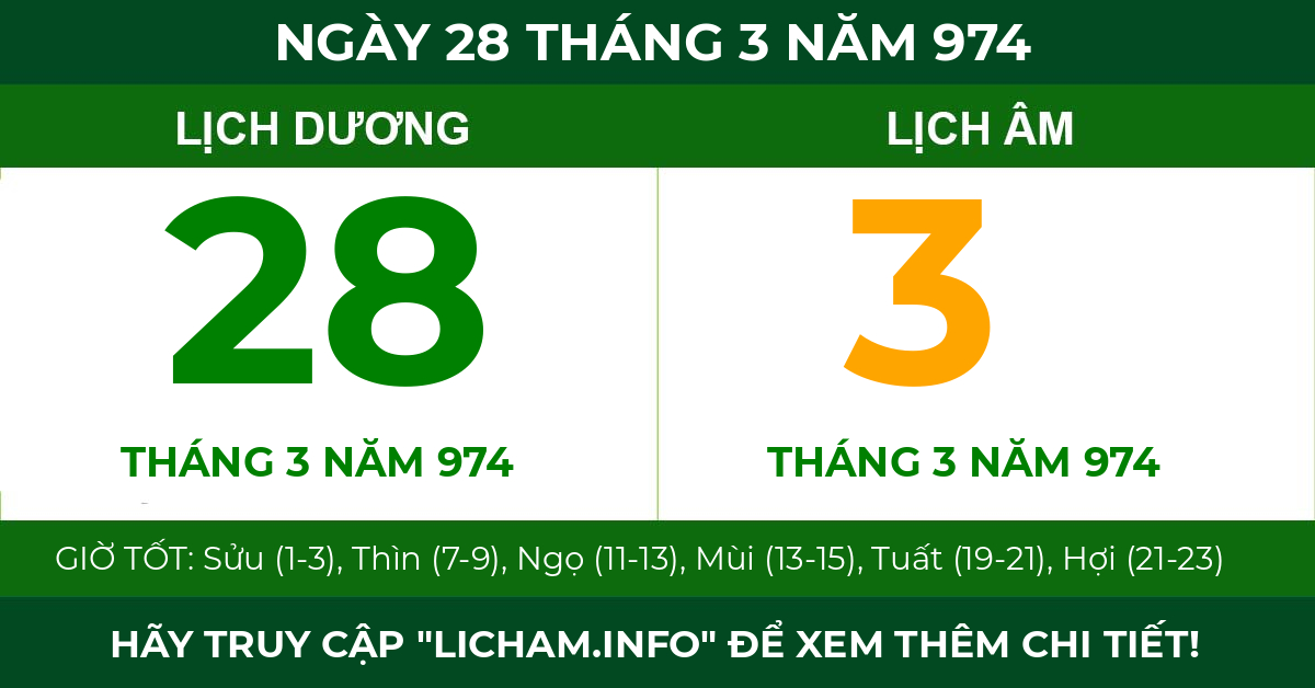 lịch âm ngày 28 tháng 3 năm 974