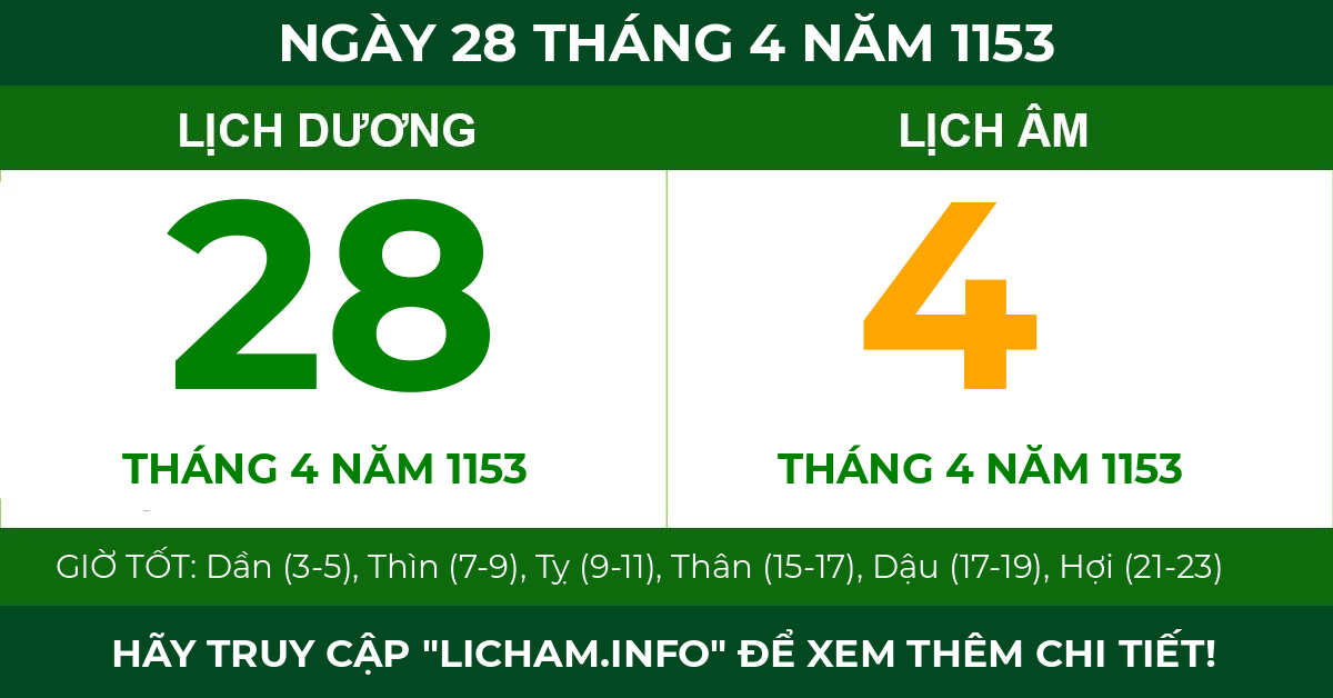 lịch âm ngày 28 tháng 4 năm 1153