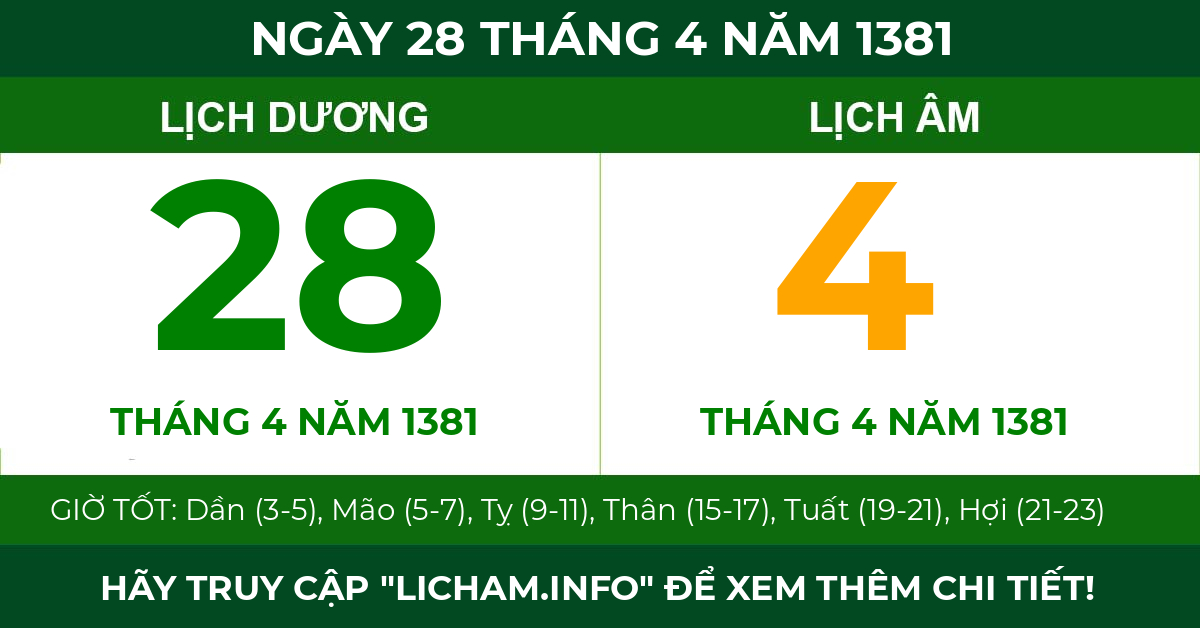 lịch âm ngày 28 tháng 4 năm 1381