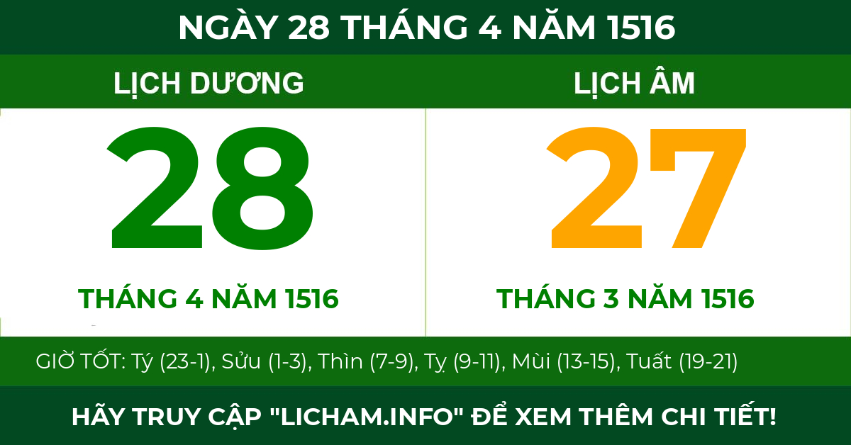 lịch âm ngày 28 tháng 4 năm 1516
