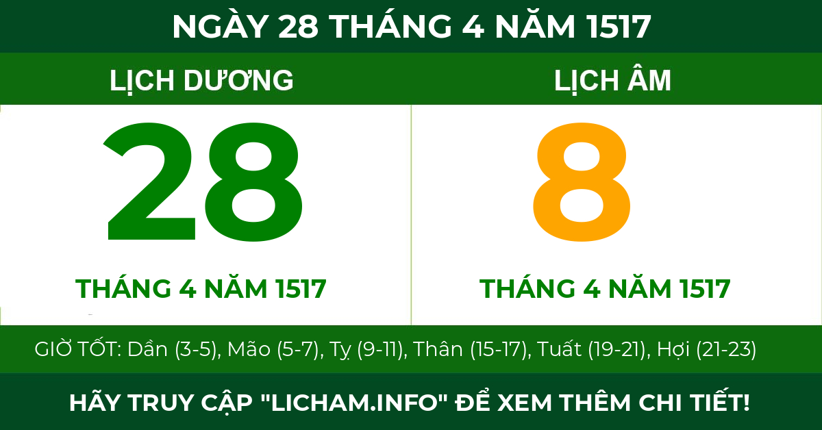 lịch âm ngày 28 tháng 4 năm 1517