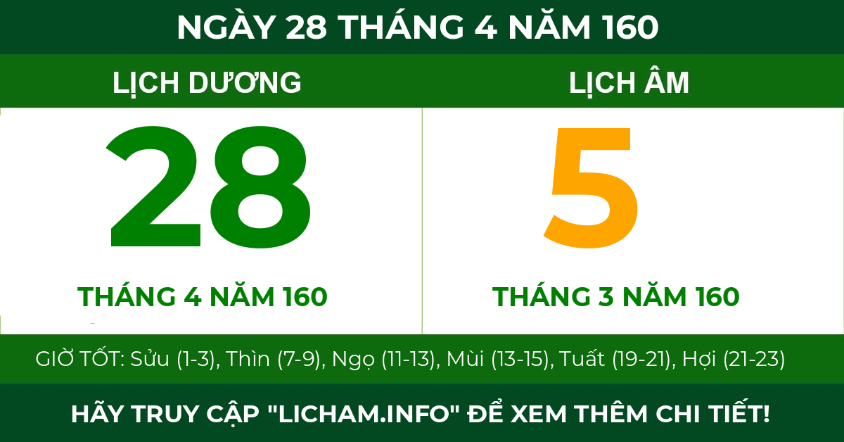 lịch âm ngày 28 tháng 4 năm 160