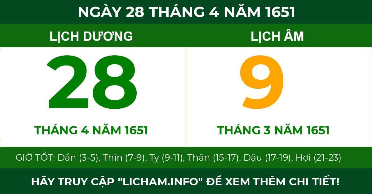 lịch âm ngày 28 tháng 4 năm 1651
