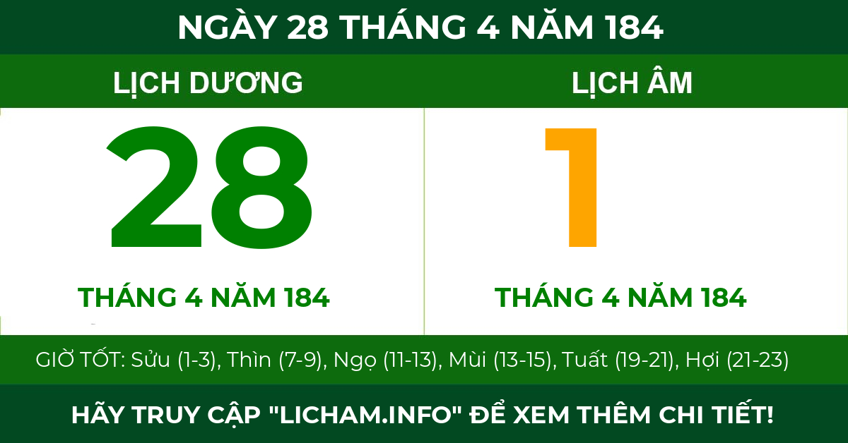 lịch âm ngày 28 tháng 4 năm 184
