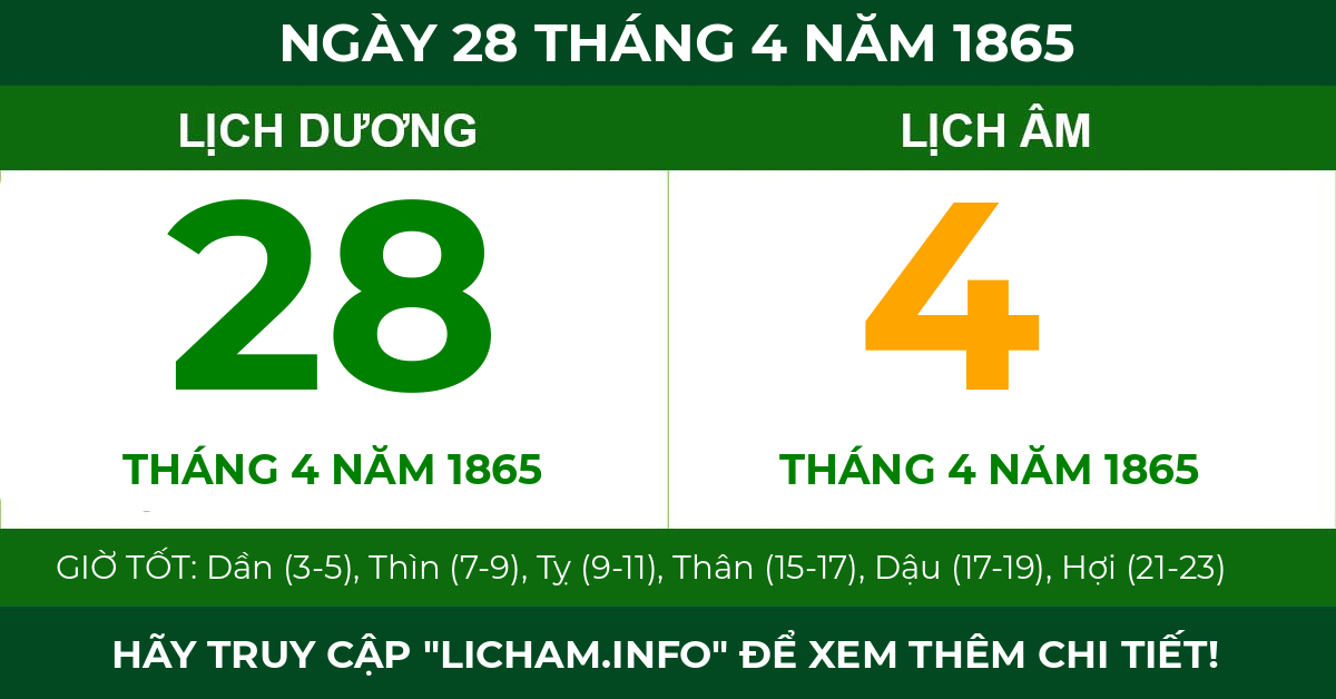 lịch âm ngày 28 tháng 4 năm 1865