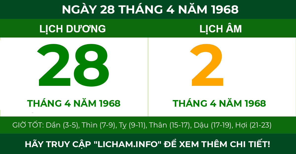 lịch âm ngày 28 tháng 4 năm 1968