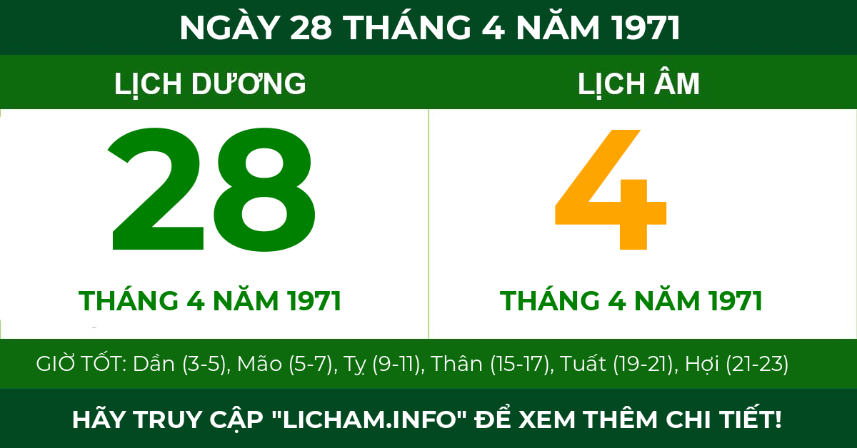 lịch âm ngày 28 tháng 4 năm 1971