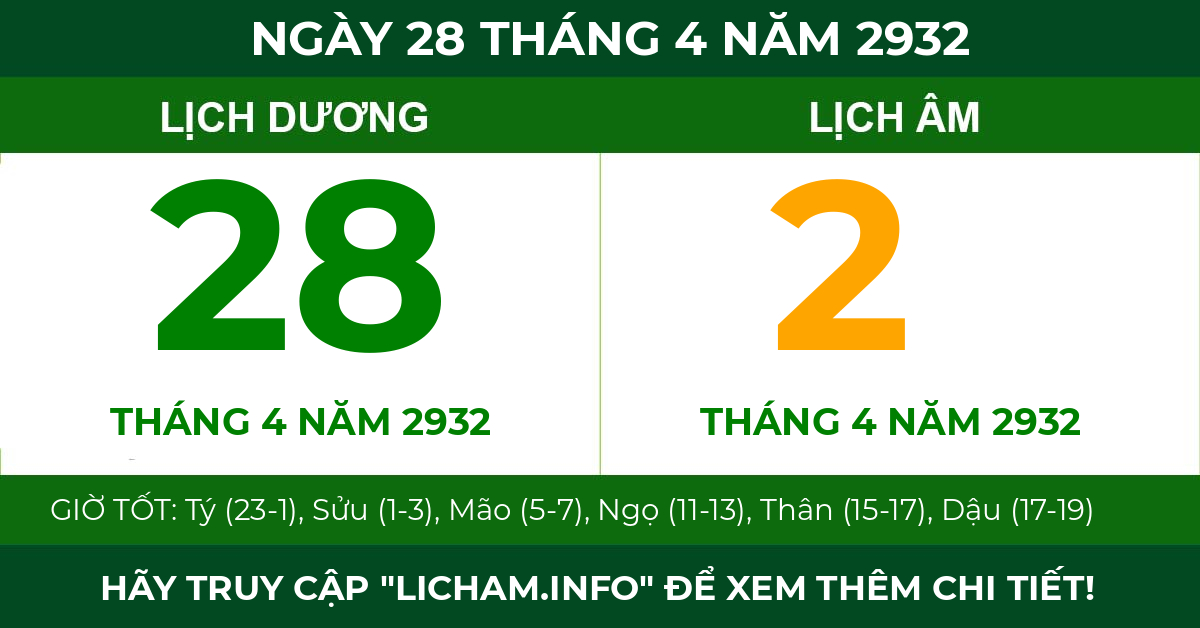 lịch âm ngày 28 tháng 4 năm 2932