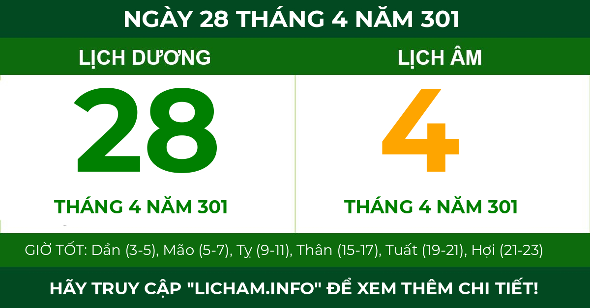 lịch âm ngày 28 tháng 4 năm 301