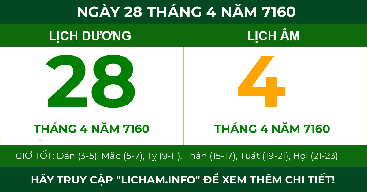 lịch âm ngày 28 tháng 4 năm 7160