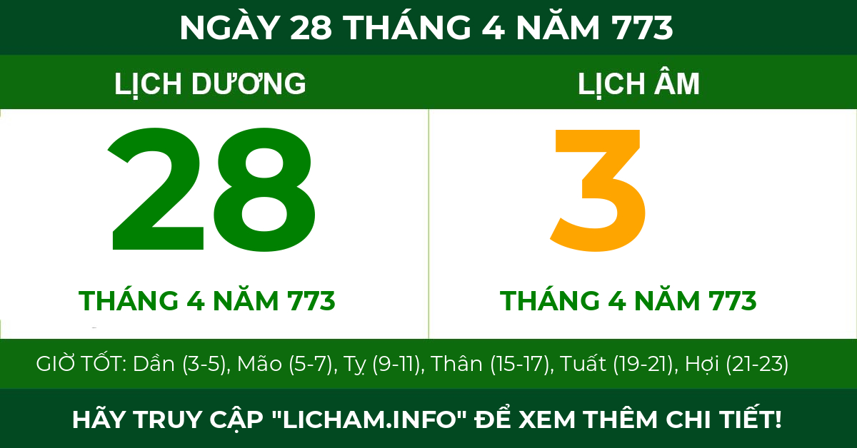 lịch âm ngày 28 tháng 4 năm 773