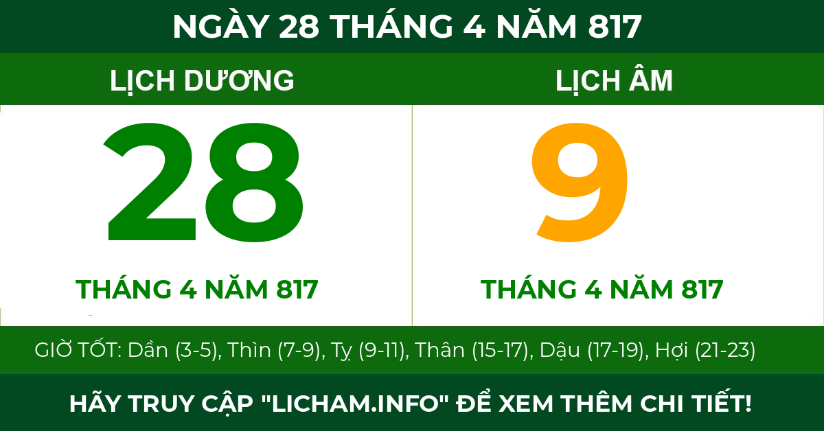 lịch âm ngày 28 tháng 4 năm 817