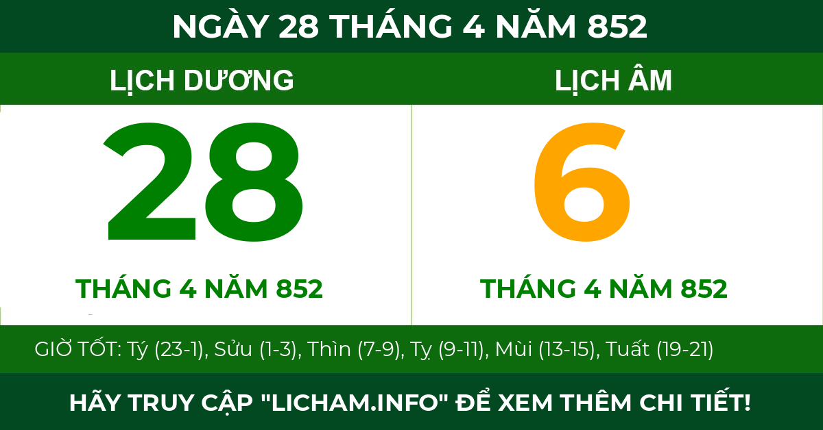lịch âm ngày 28 tháng 4 năm 852