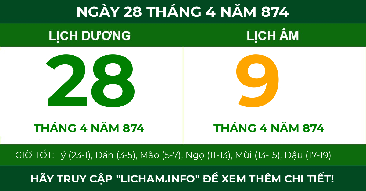 lịch âm ngày 28 tháng 4 năm 874