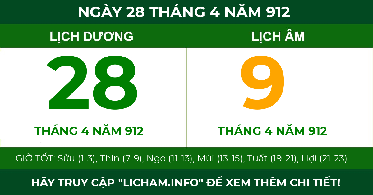 lịch âm ngày 28 tháng 4 năm 912