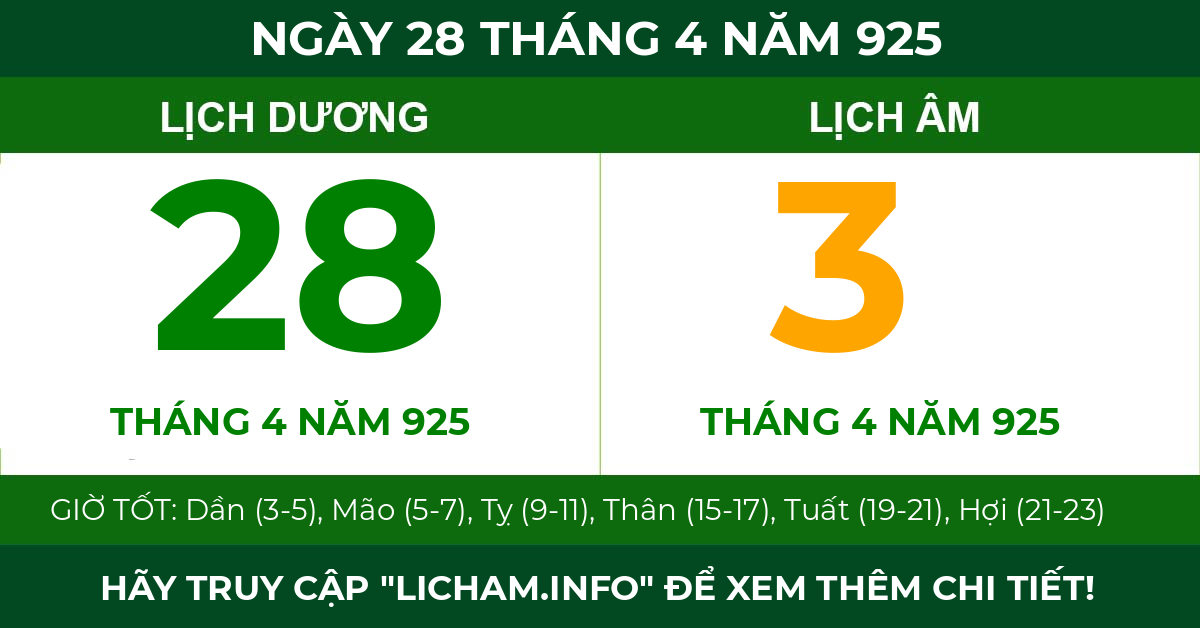 lịch âm ngày 28 tháng 4 năm 925