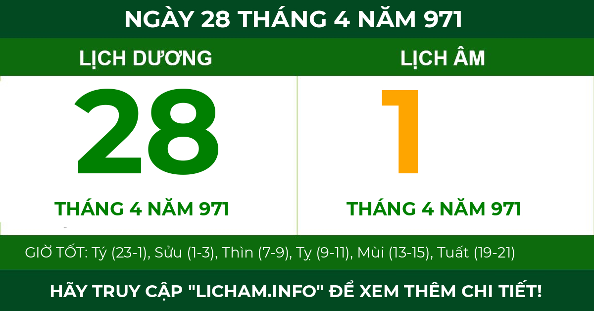 lịch âm ngày 28 tháng 4 năm 971