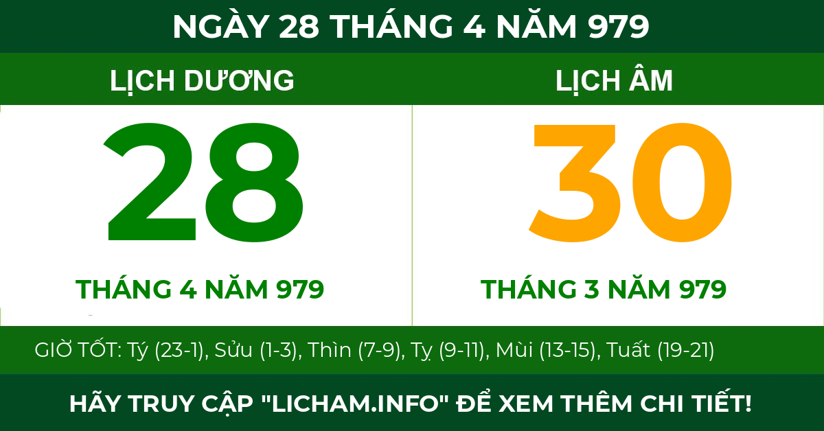 lịch âm ngày 28 tháng 4 năm 979
