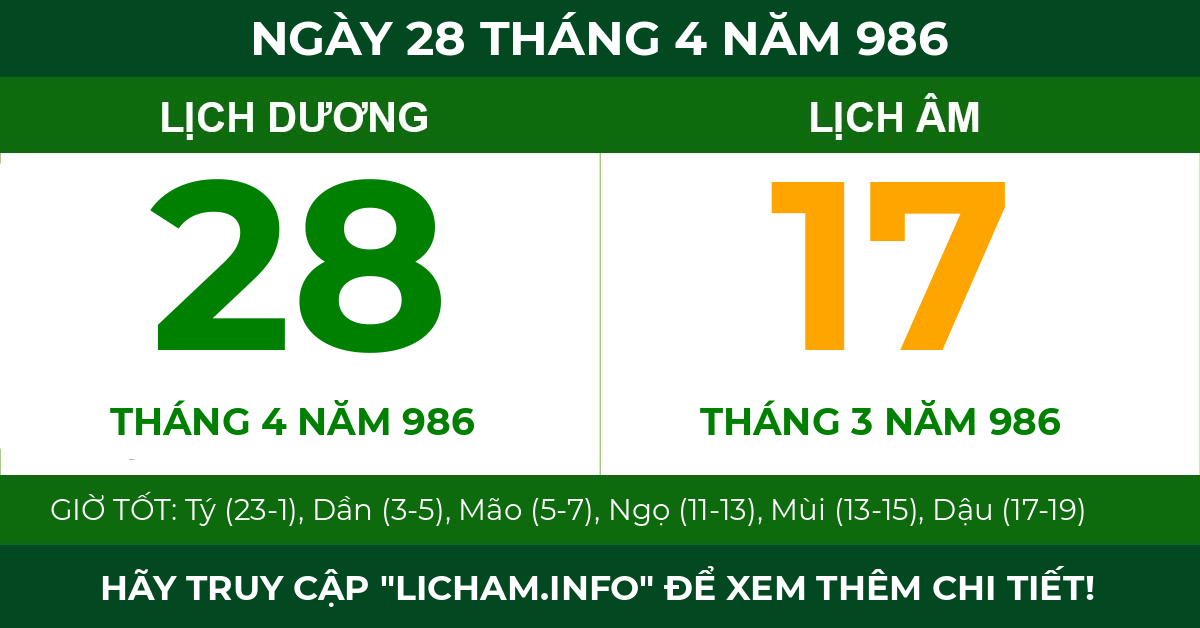 lịch âm ngày 28 tháng 4 năm 986